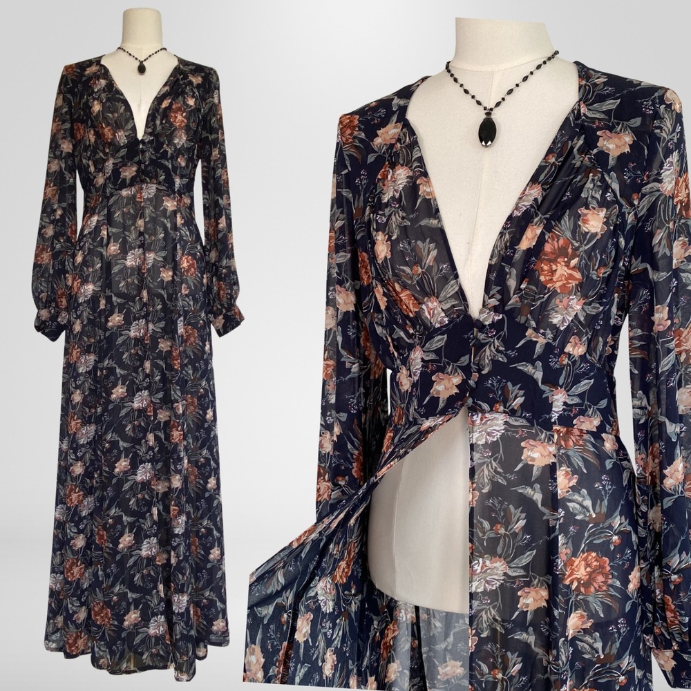 On Twelfth Boho Maxi Dark Floral Dress Size L Ethereal Dark Cottagecore Sheer